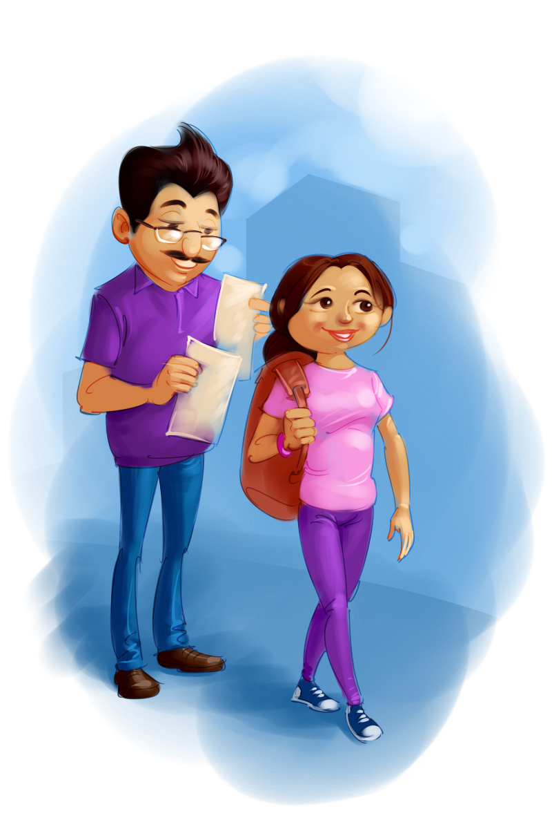 insurance company advertisement college girl with father cartoon illustration