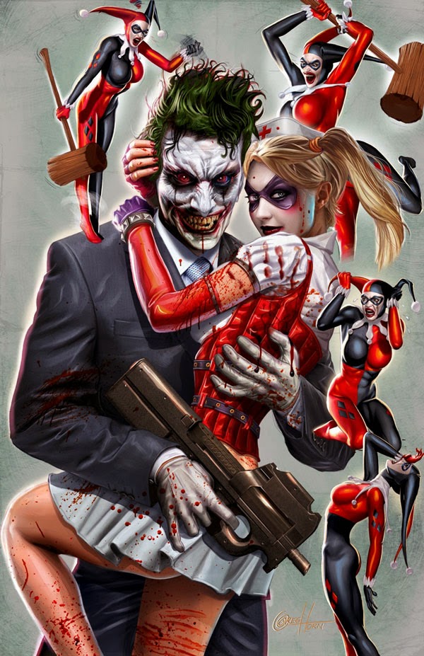 Criminally insane Harley Quinn and Joker together forever and assault rifle