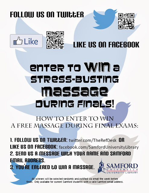 Follow us on Twitter or like us on Facebook and message us to enter to win a massage!