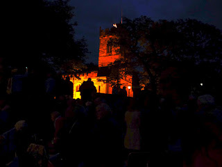 Egglescliffe Beacon on tower of floodlit church