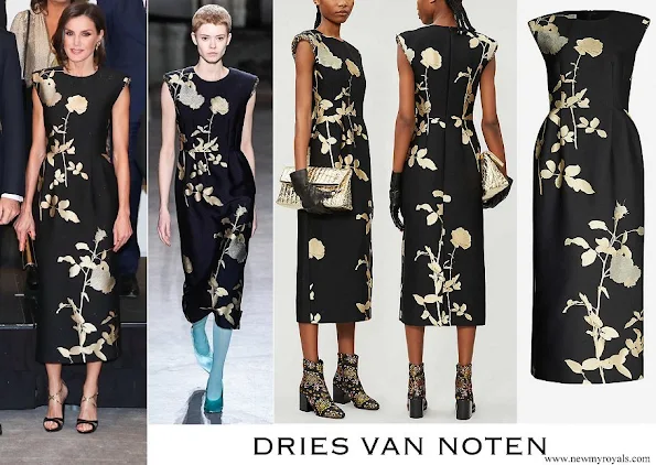 Queen Letizia wore Dries Van Noten sequin-embellished metallic floral-print jacquard midi dress