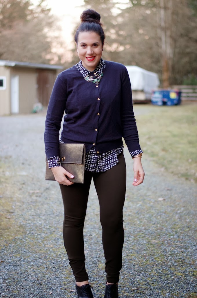 Joe Fresh silk bouse, cardigan and ponte pants with an Onna Ehrlich clutch