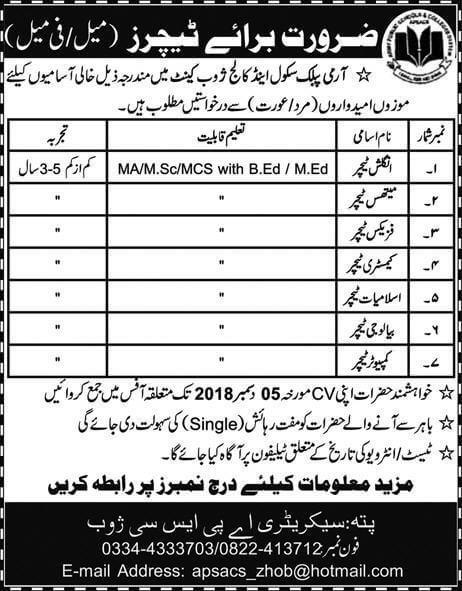 Jobs in Army Public School & College Zhob 2018