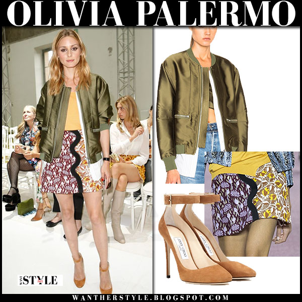 Olivia Palermo in green satin bomber, multi print mini skirt and suede pumps Olivia Palermo in green satin phillip lim bomber jacket, multi print mini giambattista valli skirt and suede pumps jimmy choo helena what she wore front row