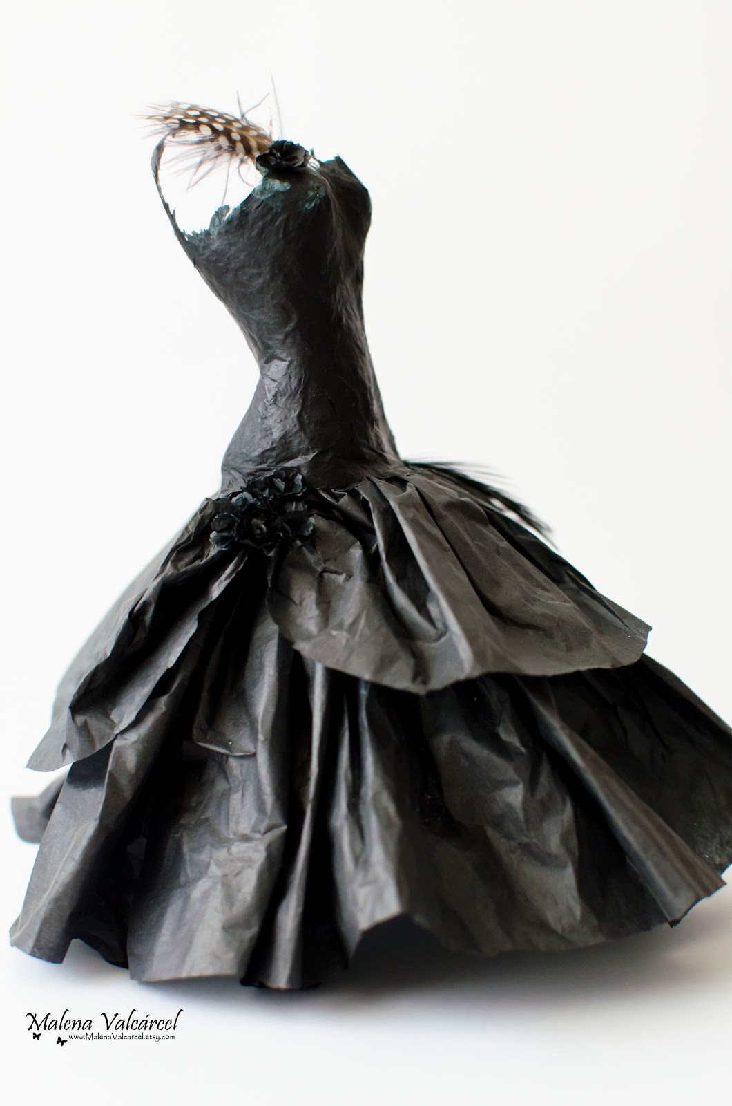 Malena Valcárcel original Art Miniature Silk Paper Dress with feathers Paper Art
