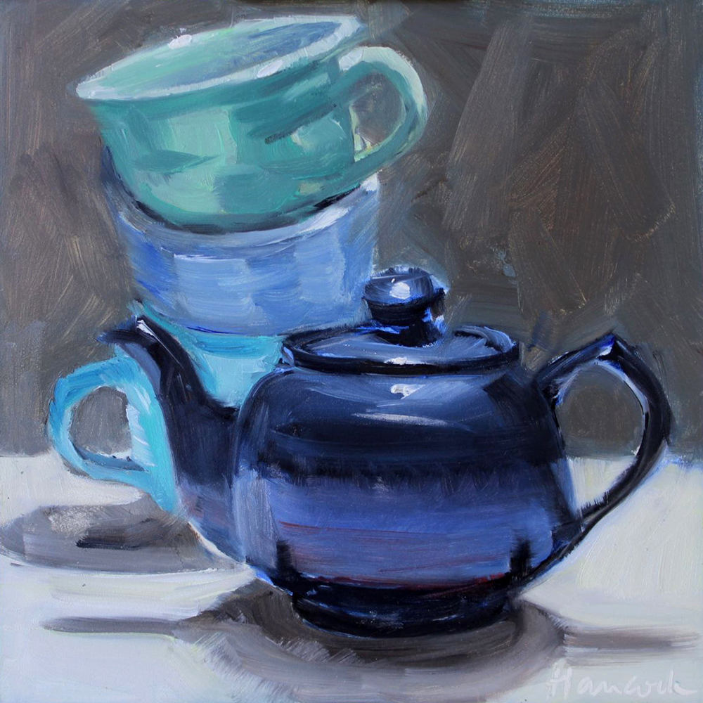 Gretchen Hancock's Paintings Blue Teapot Blue Cups SOLD