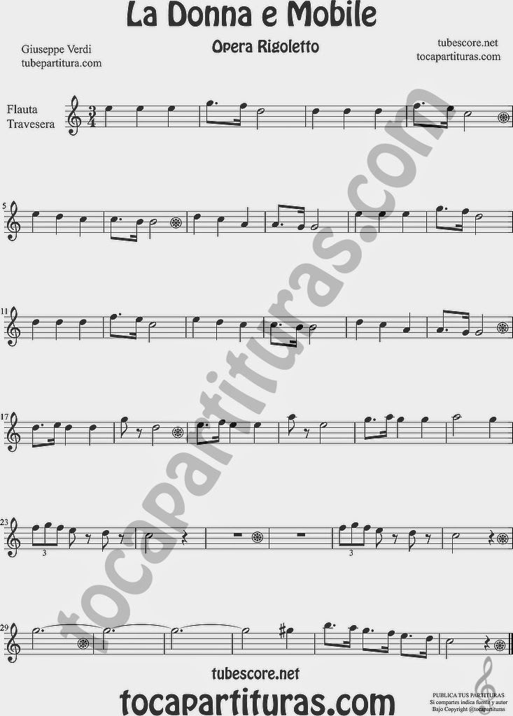 La Donna e Mobile Partitura de Flauta Travesera, flauta dulce y flauta de pico Sheet Music for Flute and Recorder Music Scores Ópera Rigoletto by G. Verdi