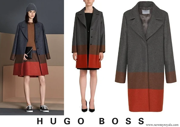 Queen Letizia wore HUGO BOSS Colorina Wool Blend Cashmere Striped Coat and Malivi Wool Blend Cashmere Striped Skirt