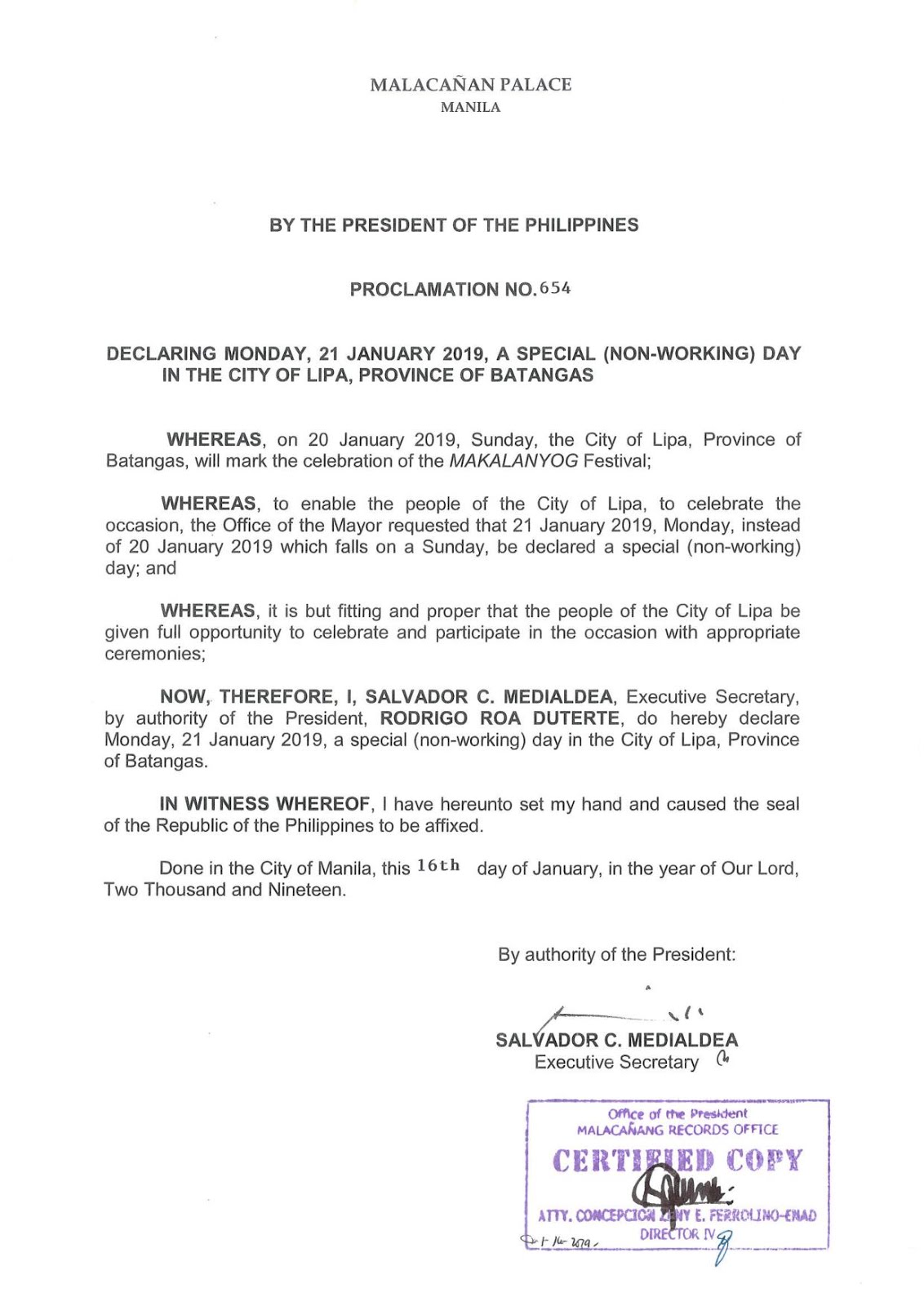 Philippine Holidays Special (NonWorking) Day in Lipa City on January