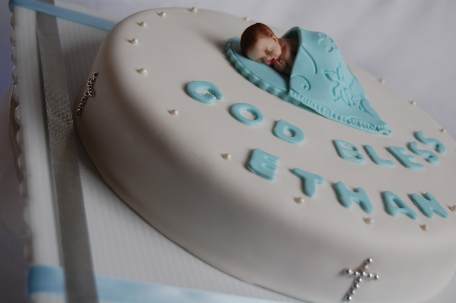 CUSTOMISED CAKES BY JEN White and Blue Baby Boy Christening Cake