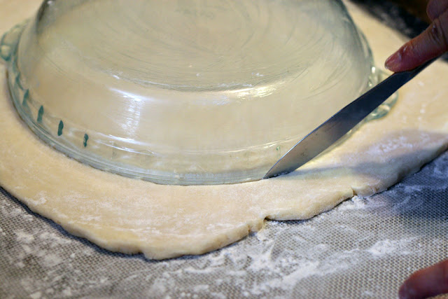 Measuring the pie dough needed by flipping over the pie plate. Recipe from the Duchess cookbook.