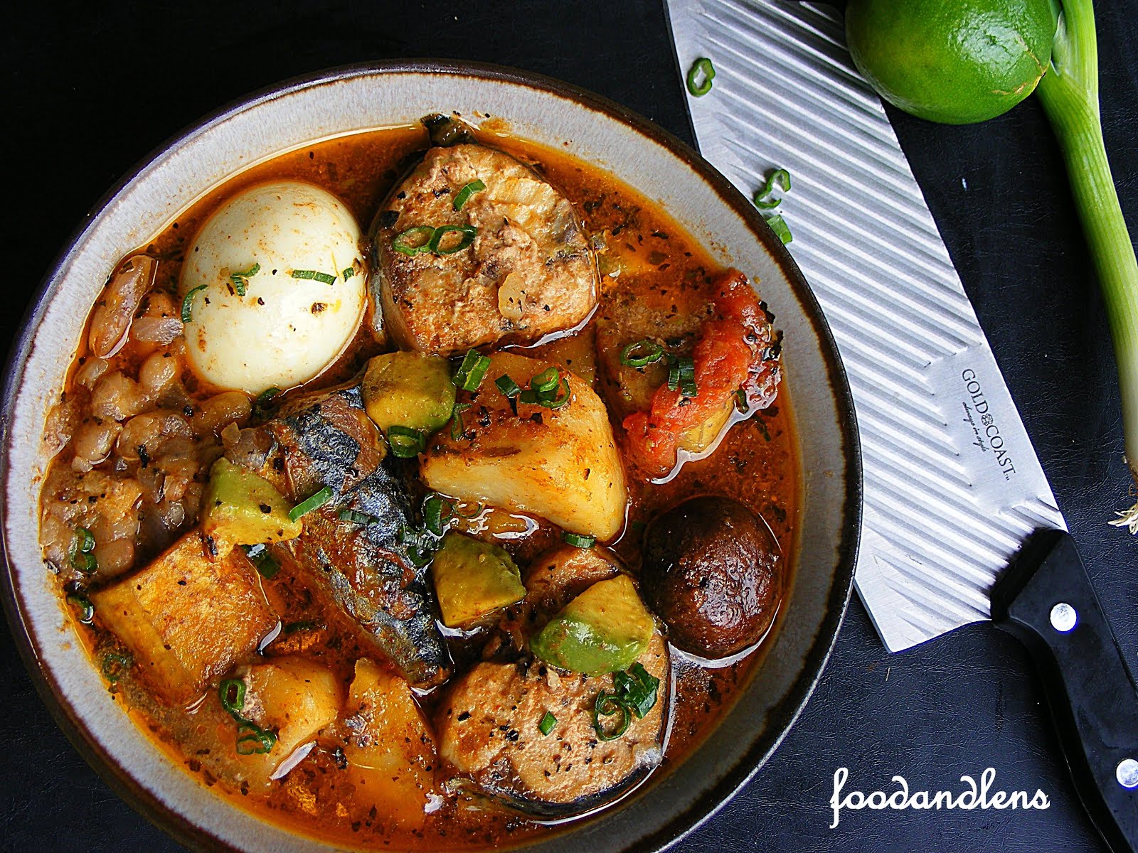 Food and lens Potato Mackerel Soup.