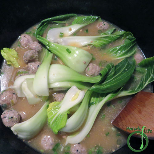 Morsels of Life - Pork Meatball Ramen Step 5 - Add bok choy to pot with meatballs, along with sauce from Step 5, simmering until bok choy cooked to desired tenderness.