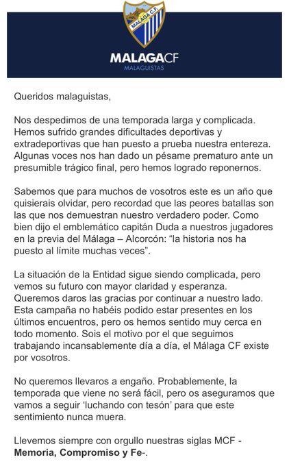 El Málaga envía una carta de agradecimiento a todos sus abonados