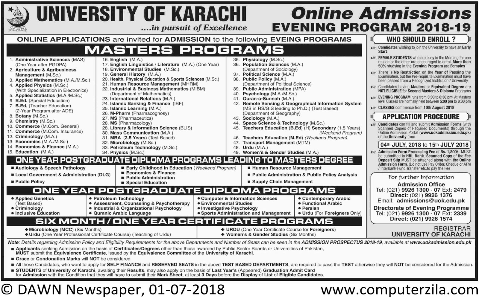 University of Karachi Masters Admissions Evening Program 201819