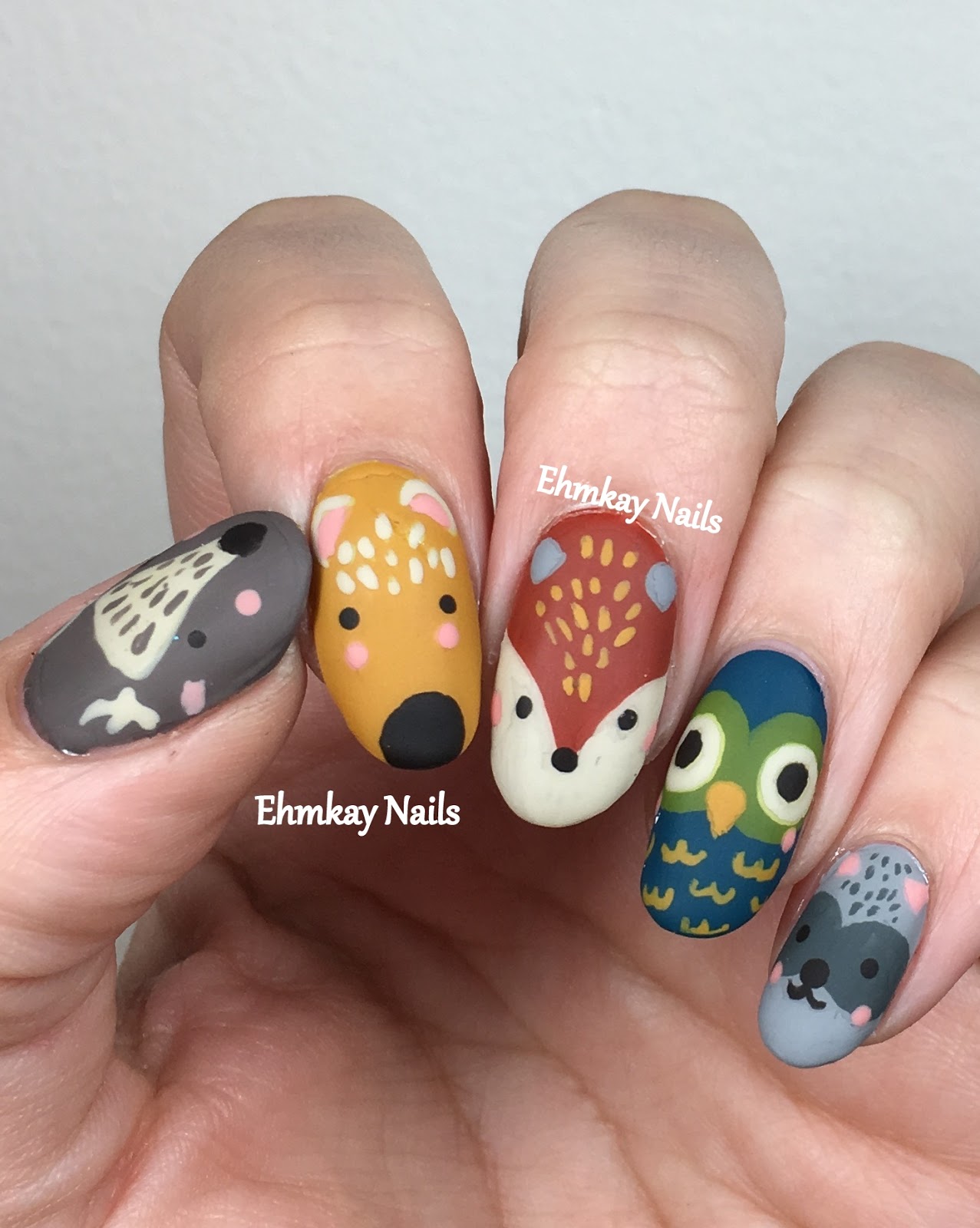 ehmkay nails Woodland Creatures Nail Art with Girly Bits Autumn Cremes