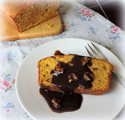 Pumpkin Pound Cake with a Caramel Walnut Sauce
