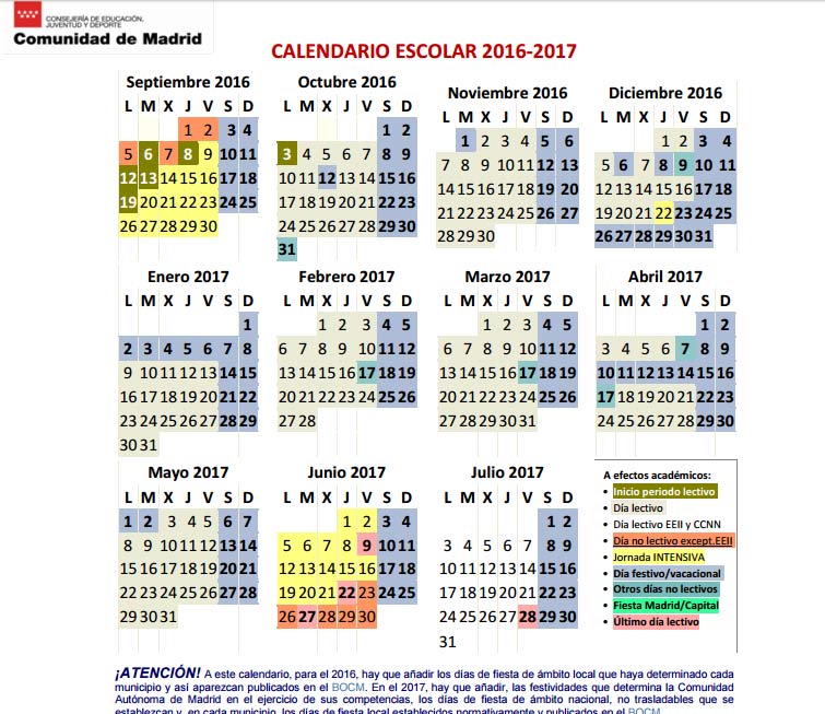 Calendario Escolar Curso 20162017 En Madrid
