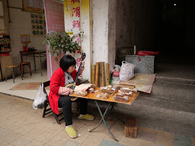 Woman playing a qinqin (秦琴) alongside Fumin Road (阜民路)
