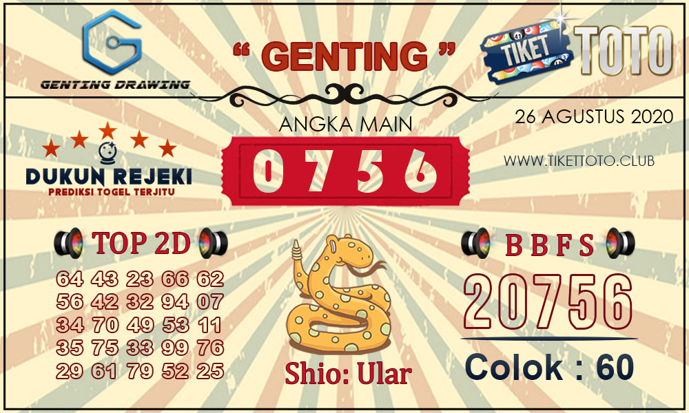 Prediksi Togel GENTING DRAWING TIKETTOTO 26 Agustus 2020