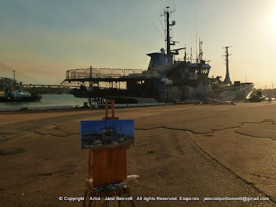 Jane Bennett industrial heritage artist painting the Sea Shepherd's 'Bob Barker' at White Bay Wharf en plein air