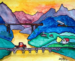 paintings watercolor depth recent drawing perspective buildings river below fruity bridge colors