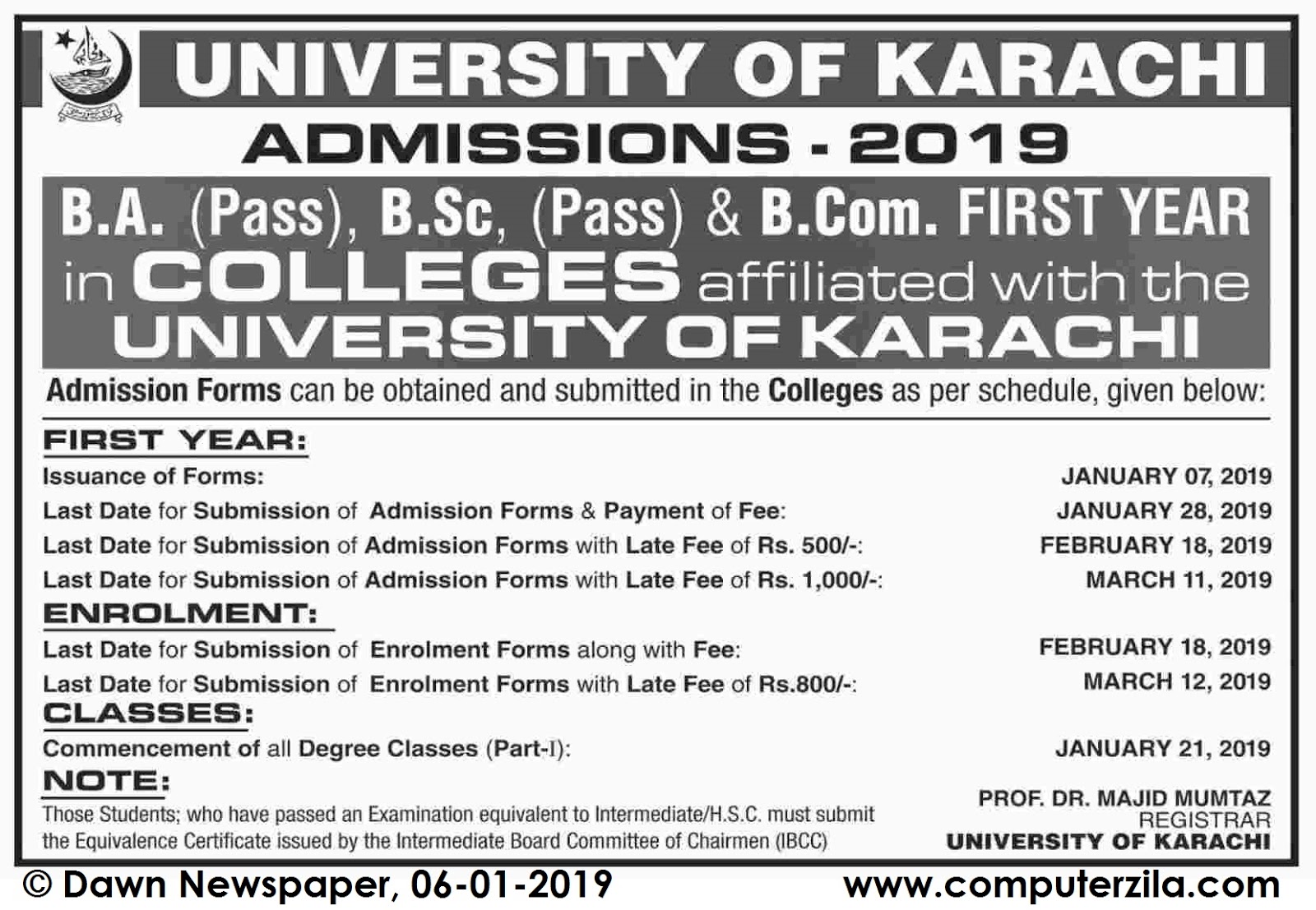 Admissions Open For Spring 2019 At UOK Karachi Campus