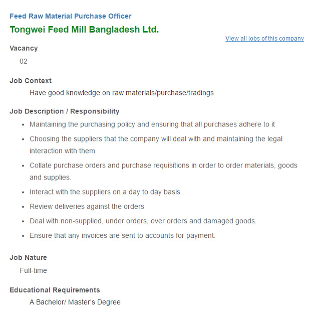 Tongwei Feed Mill Bangladesh Ltd. Feed Raw Material Purchase Officer