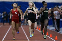 Kaira Brown (right) from Kent Place School leads Lily Orr (center) from Rumson Fair-Haven and Aliyah Taylor from Rancocas Valley to the finish line during the girls 400 meter dash during the NJSIAA Girls Track and Field Meet of Champions held at the Bennett Center in Toms river on Saturday February 24, 2018. (Mark R. Sullivan | For NJ Advance Media)