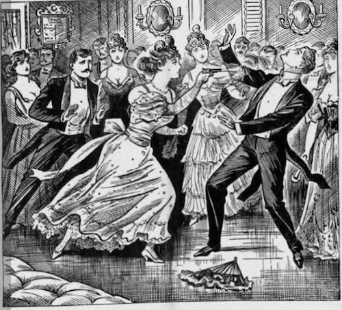 Illustration of woman shooting man at a ball, from Illustrated Police News, 1898