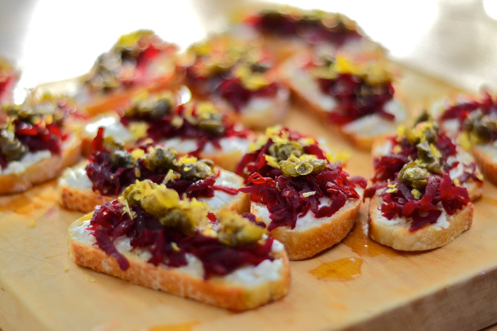 nz flavour goat cheese, beetroot and caper crostini