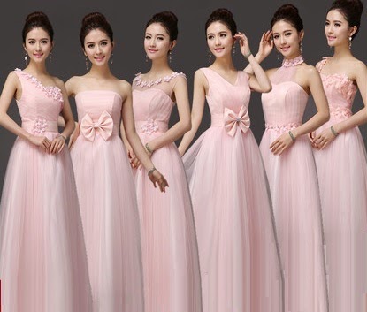Six-Design Sweet Pink Tutu Lace Bridesmaids Maxi Dress