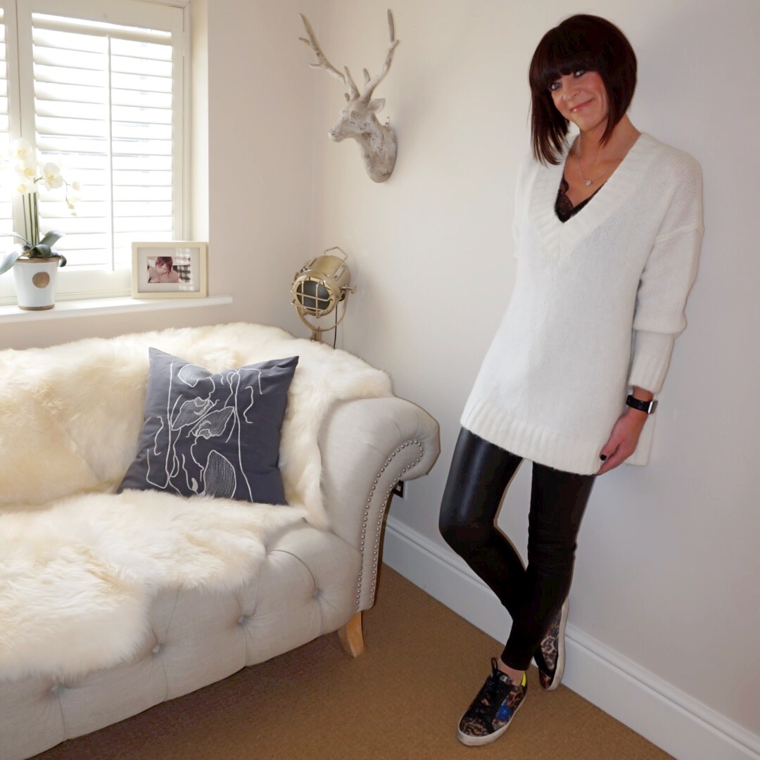 my midlife fashion, zara oversized v neck sweater with seams, zara lace trim camisole, massimo dutti leather leggings, golden goose superstar low top leopard print trainers
