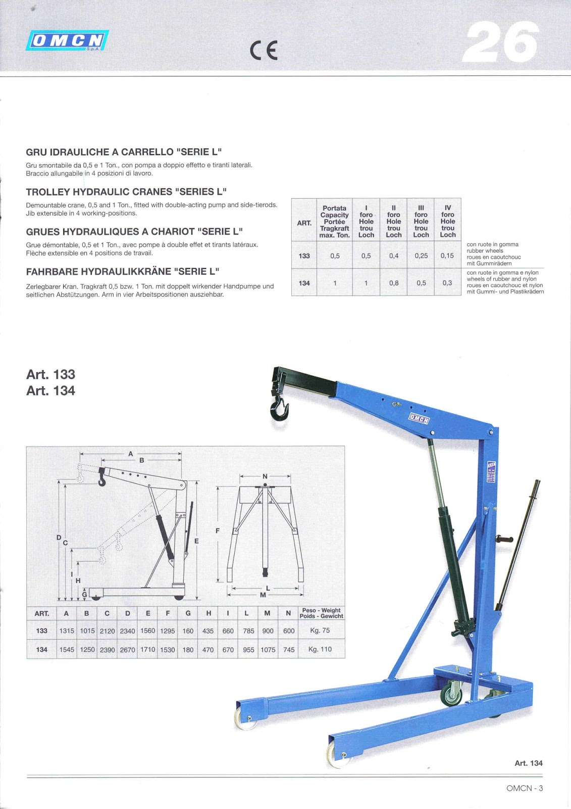 OMCN Trolley Hydraulic Cranes "Series L" OMCN HYDRAULIC EQUIPMENT