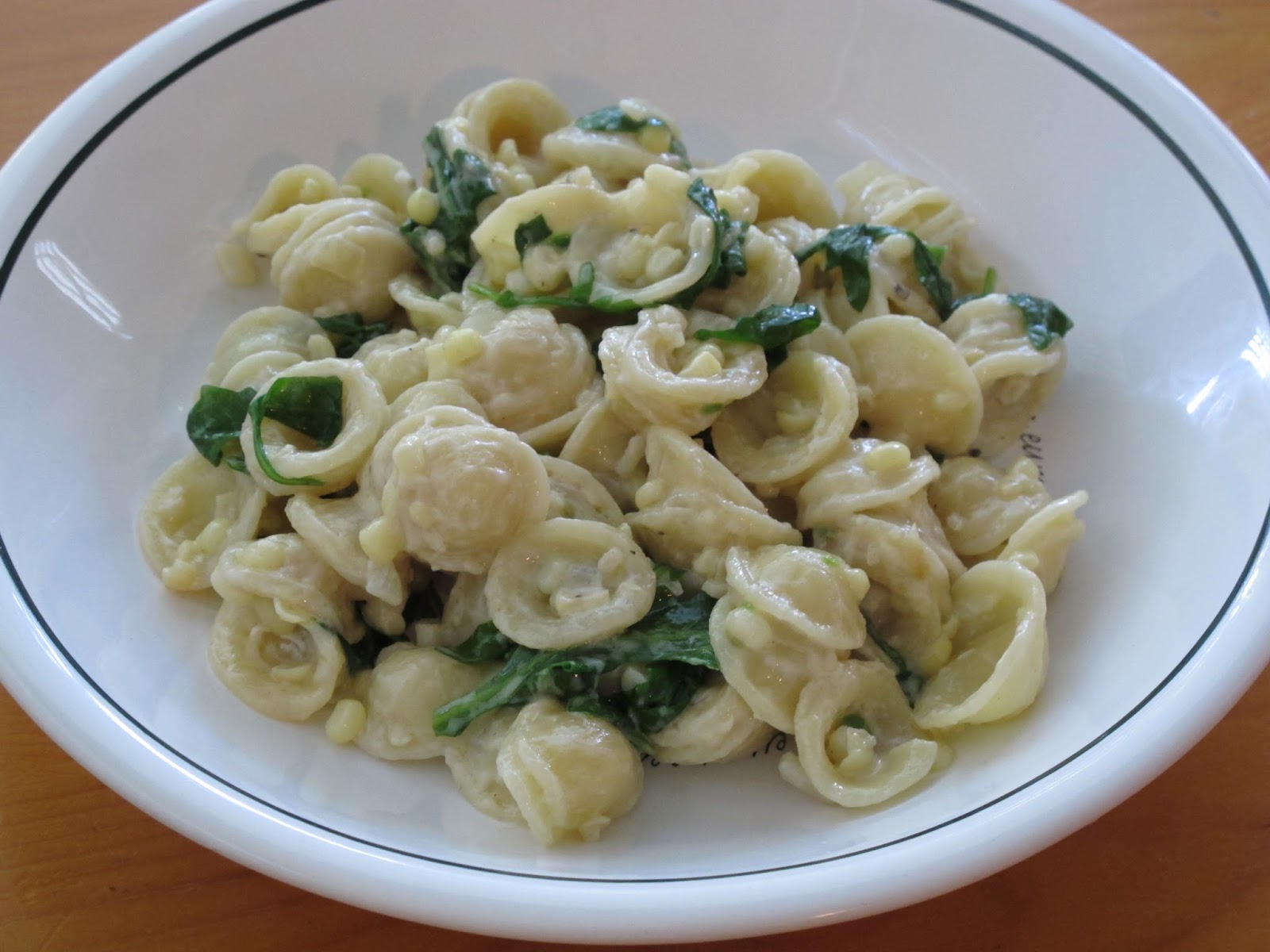 Kitchen Sink Diaries Corn, Arugula, & Mascarpone Orecchiette