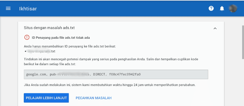 Notifikasi peringatan Ads.txt di dasboard adsense Notifikasi peringatan Ads.txt di dasboard adsense