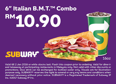 Subway e-Coupon: 6" Italian B.M.T. Combo RM10.90