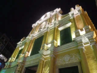 The illuminated facade of Sto. Domingo Church in Macau