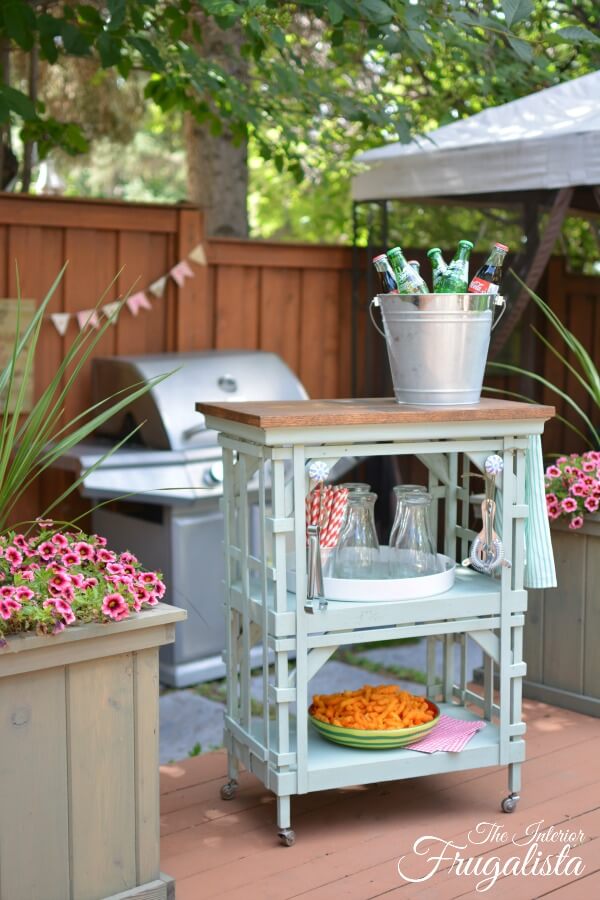 Repurposed side table into Outdoor Portable Beverage Bar Cart