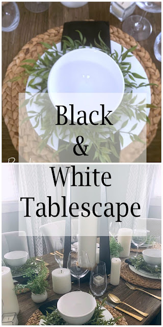 Black and white tablescape for spring with rustic farmhouse touches that can fit any season Spring, Summer or Fall.
