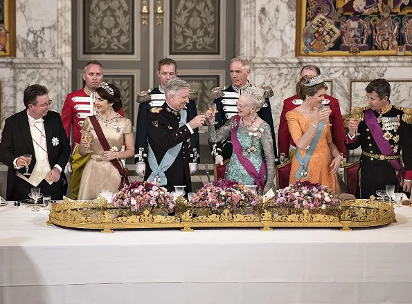 Queen Mathilde wore Armani Prive Gown, Princess Mary wore gown and Princess Marie diamond tiara at State Banquet at Christiansborg Palace