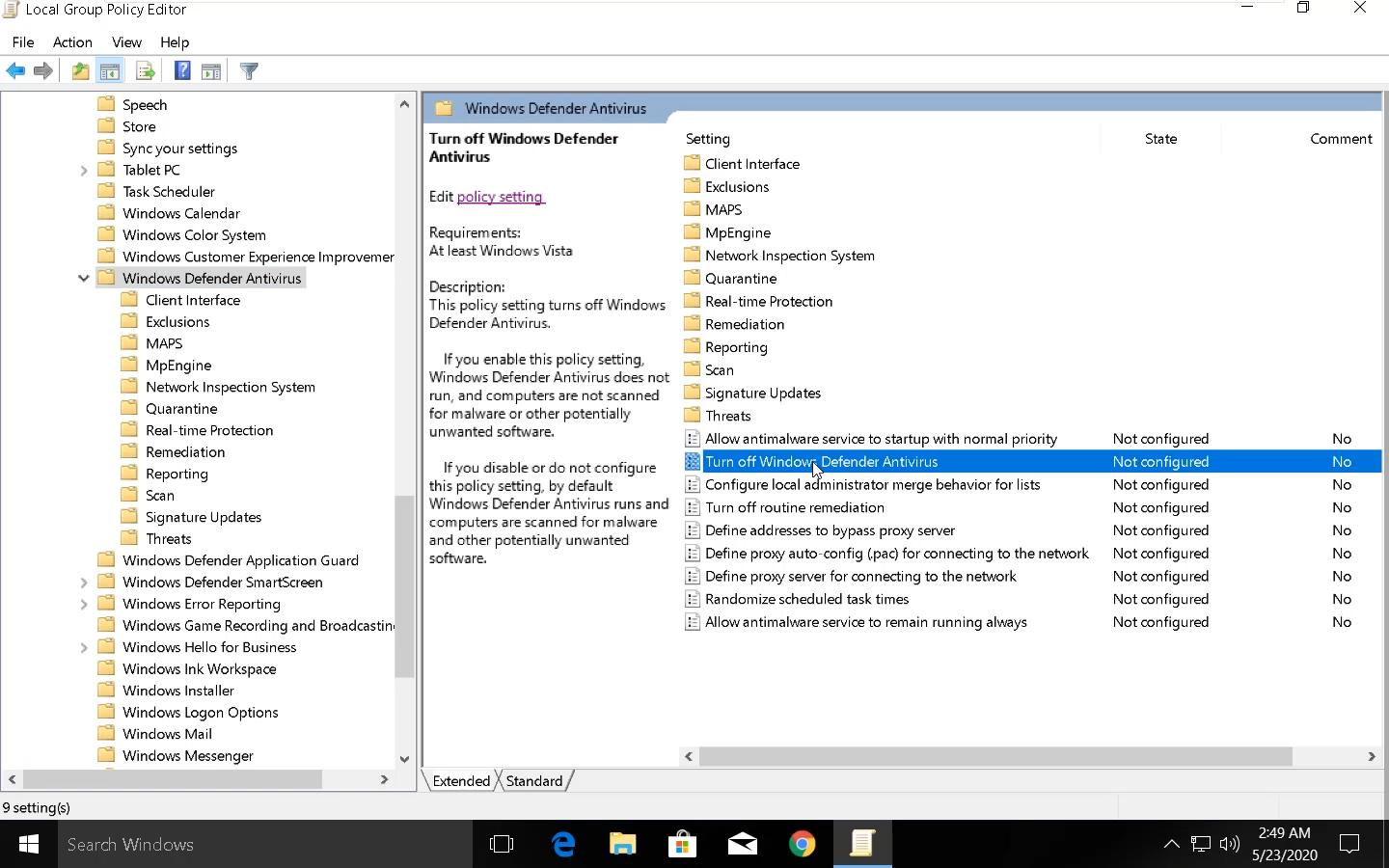 Turn Off Windows Defender in Group Policy 