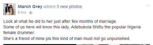 d Photos: Nigerian drummer Adebukola Shittu brutally battered by husband of five months