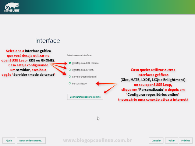 Etapa de seleção de ambiente gráfico a ser utilizado no openSUSE Leap 42.3