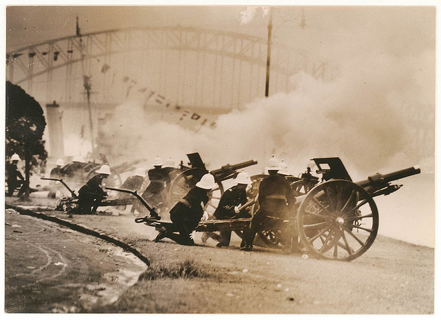 [Artillery fire the salute at the opening of the Harbour Bridge], 19 March 1932, by Sam Hood