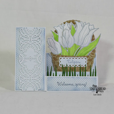 Our Daily Bread Designs Stamp Set: Tulips, Basket of Blessings, Custom Dies: Side Step Card, Tulip, Circle Scalloped Rectangles, Easter Basket, Art Deco, Grass Border