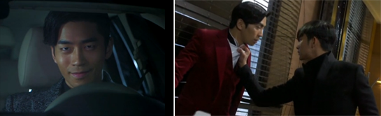 Shin Sung Rok 신성록 as Lee Jae Kyung smiles evilly in his car. / Do Min Joon grabs Lee Jae Kyung by the collar.