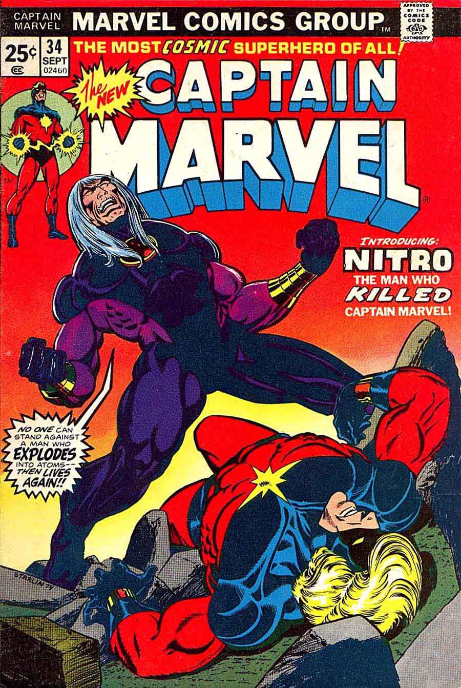 Captain Marvel #34 marvel 1970s bronze age comic book cover art by Jim Starlin Captain Marvel #34 marvel 1970s bronze age comic book cover art by Jim Starlin