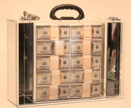 Klaus Guingand artwork: IN GOD WE TRUST - Plexiglas briefcase - 2012. One $ million cash - Klaus Guingand