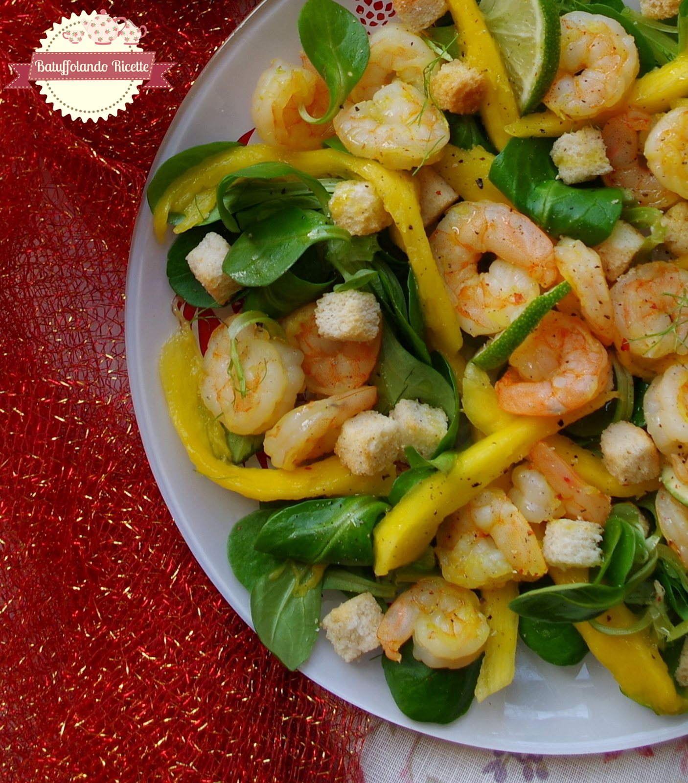 Antipasto di mazzancolle al curry con mango e valeriana da Batuffolando